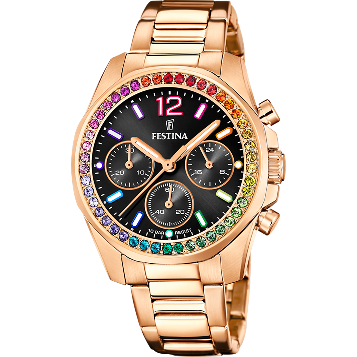 Damesuurwerk van Festina uit de 'Rainbox' collectie
Rosékleurige band en kast in edelstaal
De kast bevat multi-color zirkonia in regenboogkleuren
Zwarte wijzerplaat 'multifunctie' met multi-color uuraanduiding
Chronograaf
Waterdichtheid: 10 ATM