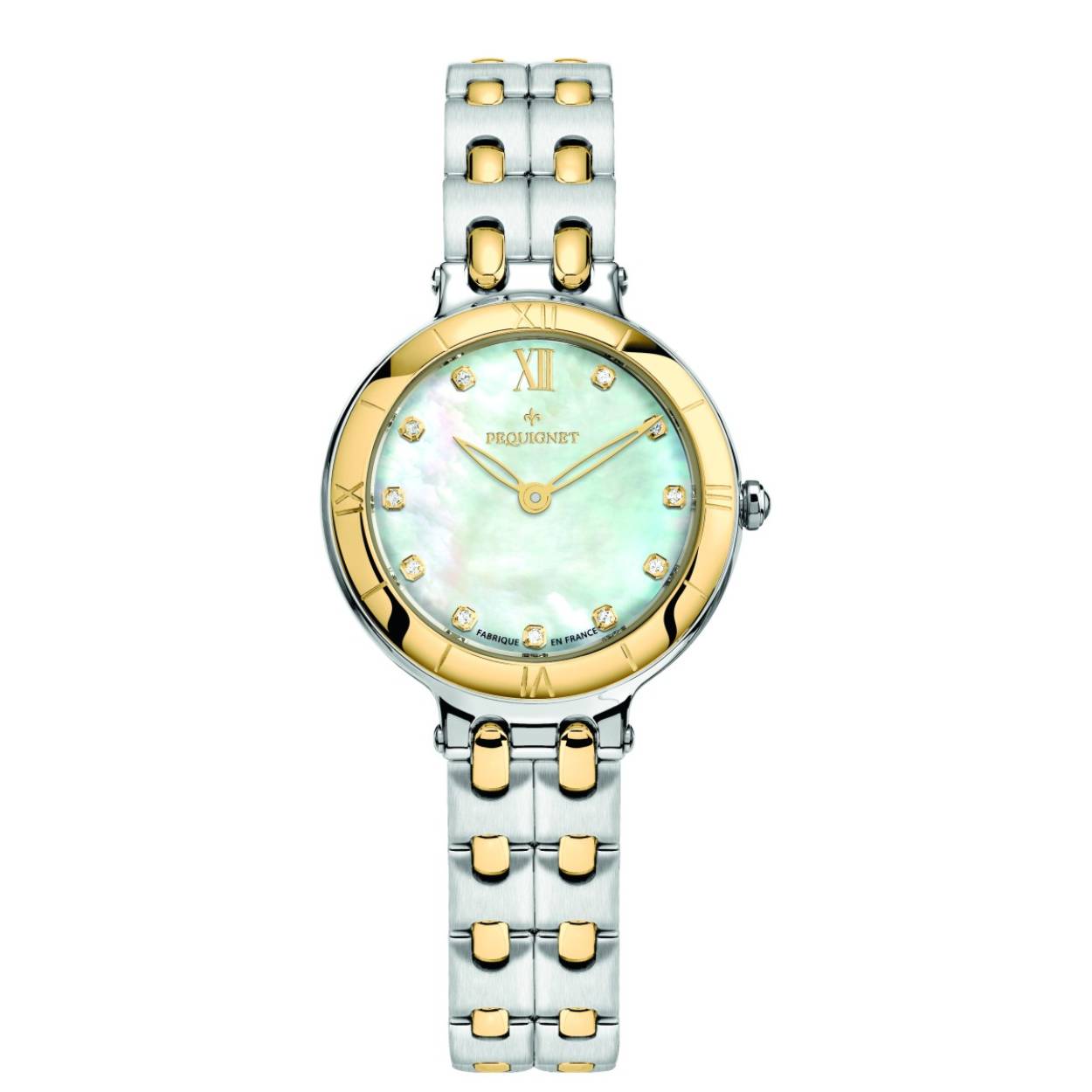 Pequignet Moorea dames horloge van edelstaal en 18krt gouden bezel en tussenschakels. Parelmoer wijzerplaat met 11 diamanten
