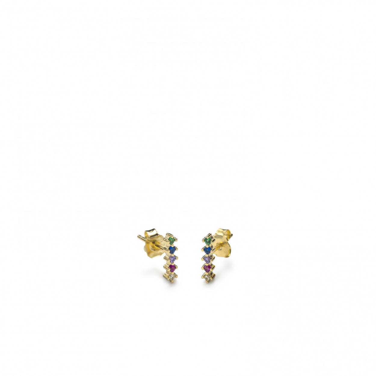 Add a touch of color to your outfit and combine them with other earrings from our collection, ideal to wear them with your most summer looks. Small gold-plated silver earrings formed by a multicolored vertical strip of zircons in green, blue, violet and purple tones. You won't want to take them off!