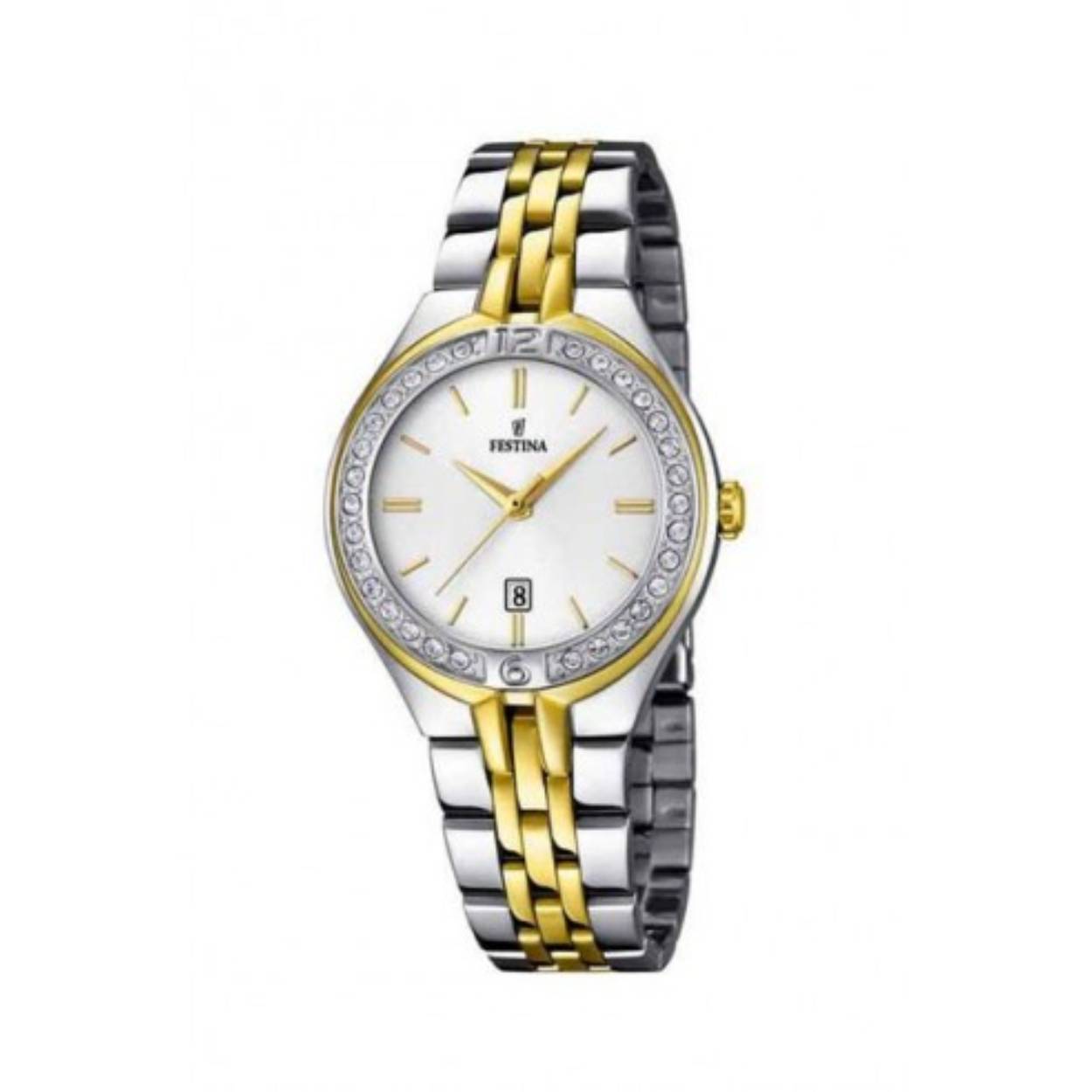 Festina damesuurwerk uit de collectie 'Mademoiselle' - Bicolor metalen band: goud/zilverkleurig - Zilverkleurige wijzerplaat met datumaanduiding - Steentjes op de kast - Waterdichtheid: 5 ATM