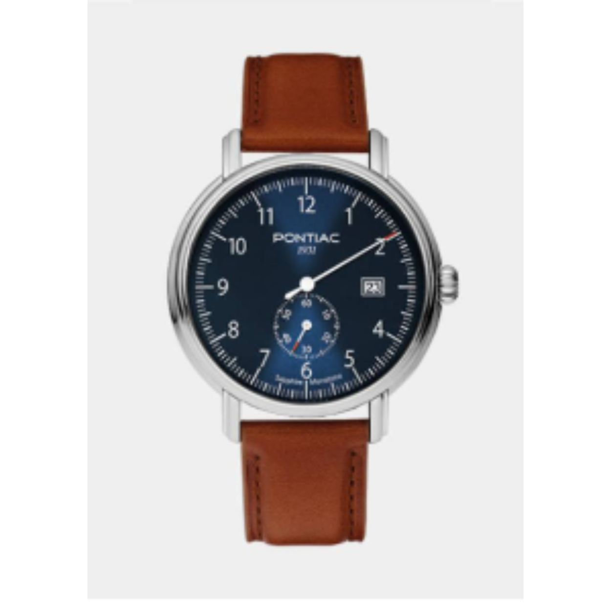 Stalen heren uurwerk blauwe monotime wijzerplaat met camel lederen band
