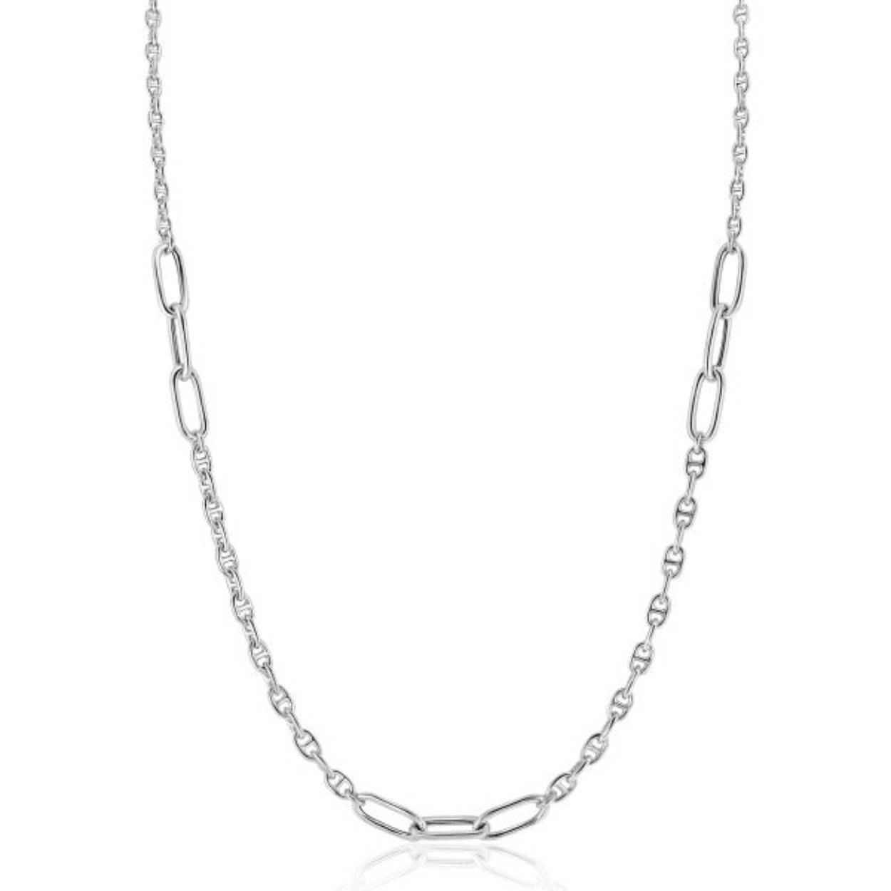 ZINZI zilveren marine schakel ketting, gecombineerd met grotere ovale schakels. De ovale schakels zijn 4,5mm breed. De lengte is te variëren tussen 42 en 45cm. Bij sluiting herkenbaar ZINZI, door het zilveren Zinzi hartje. Vervaardigd van eerste gehalte zilver (925) en voorzien van een extra rodiumlaag voor een langdurige glans.