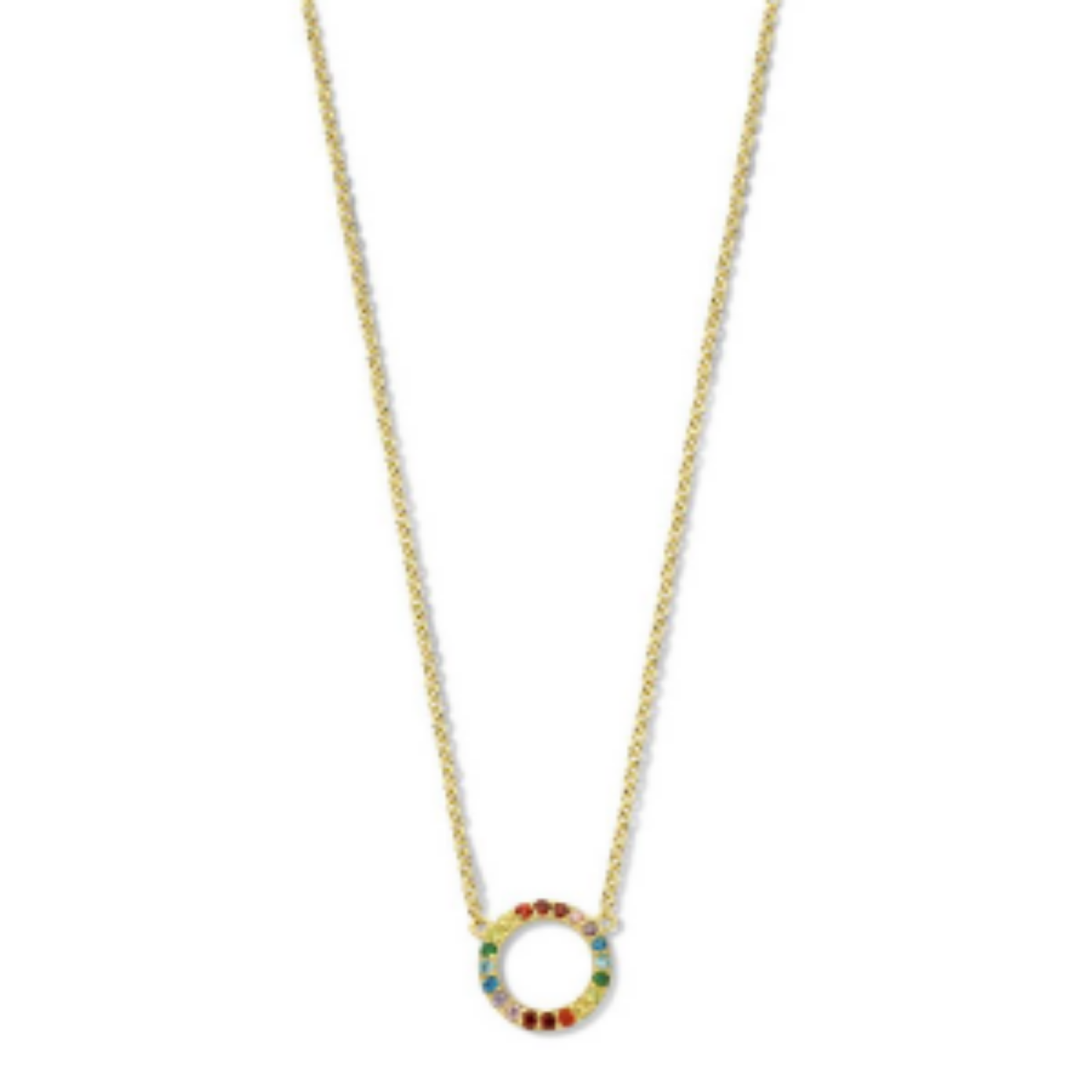 Geelgoud op 925 zilveren collier uitgevoerd met gekleurde zirkonia en een karabijn sluitng. Het collier heeft een draaglengte van 45cm met een extensie van 5cm. Geen garantie op de plating.