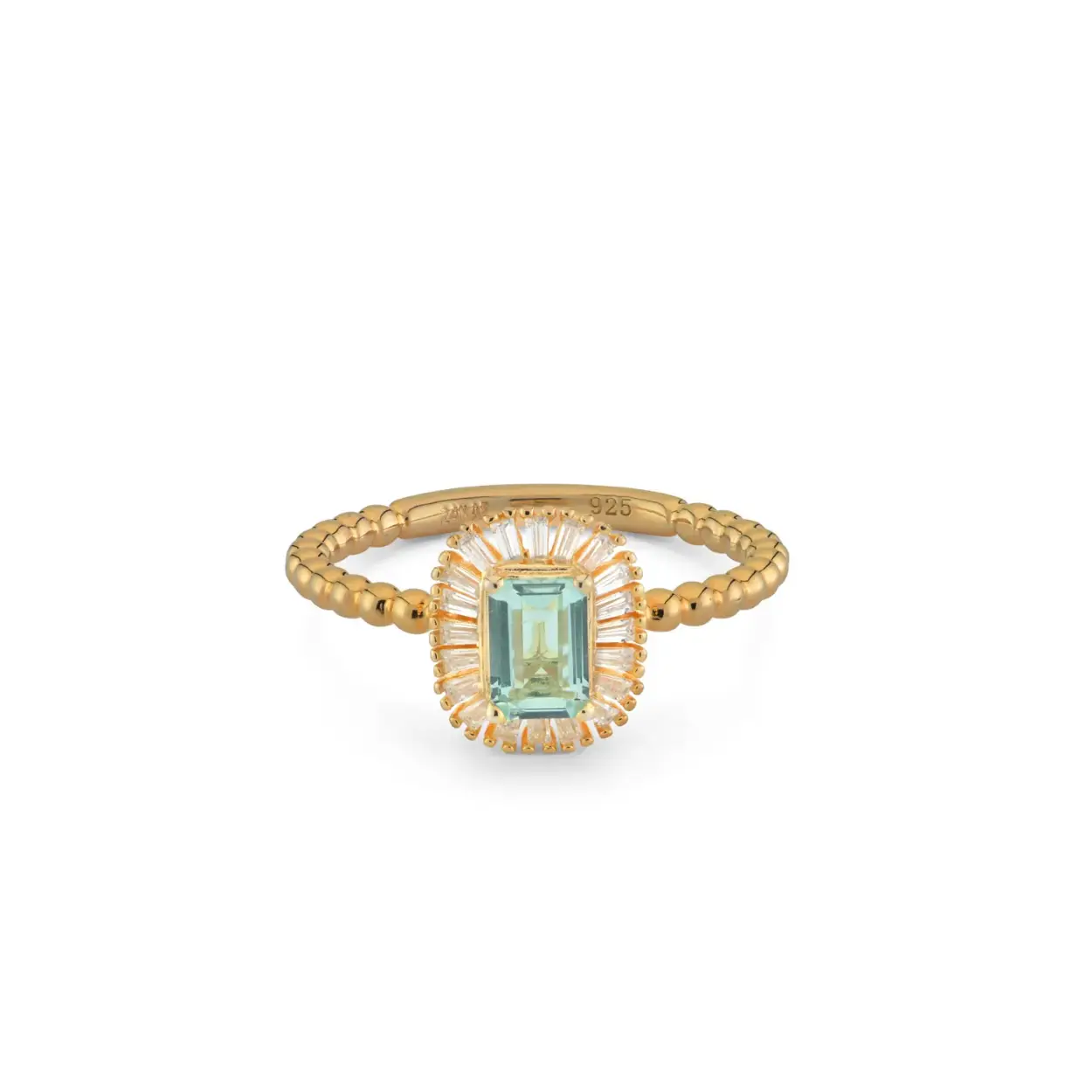 This ring is a real eye-catcher and it's provided with a rectangular green stone with small white stones on the side. The band of the ring has a bubble structure that gives the ring a playful effect. All 24Kae jewelry is designed by Kae Sutherland with love and eye for detail. So don't forget to treat them with love too. Each ring is characterized by its authenticity through a 24Kae engraving.

Details
- Thickness band: 2 mm
- Stone size: 11 x 9 mm