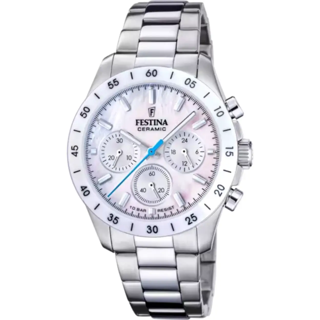 Damesuurwerk van Festina uit de 'Ceramic' collectie
Chronograaf met zilverkleurige band en kast in edelstaal
Witte lunette
Witte parelmoer wijzerplaat multifunctie
Waterdichtheid: 10 ATM