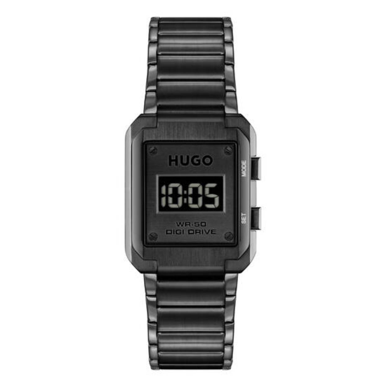 Dit HUGO by HUGO Boss horloge, uit de Thrive collectie, heeft een zwart gecoat stalen band en kast. Het horloge heeft een digitale wijzerplaat dat de tijd en datum weergeeft.