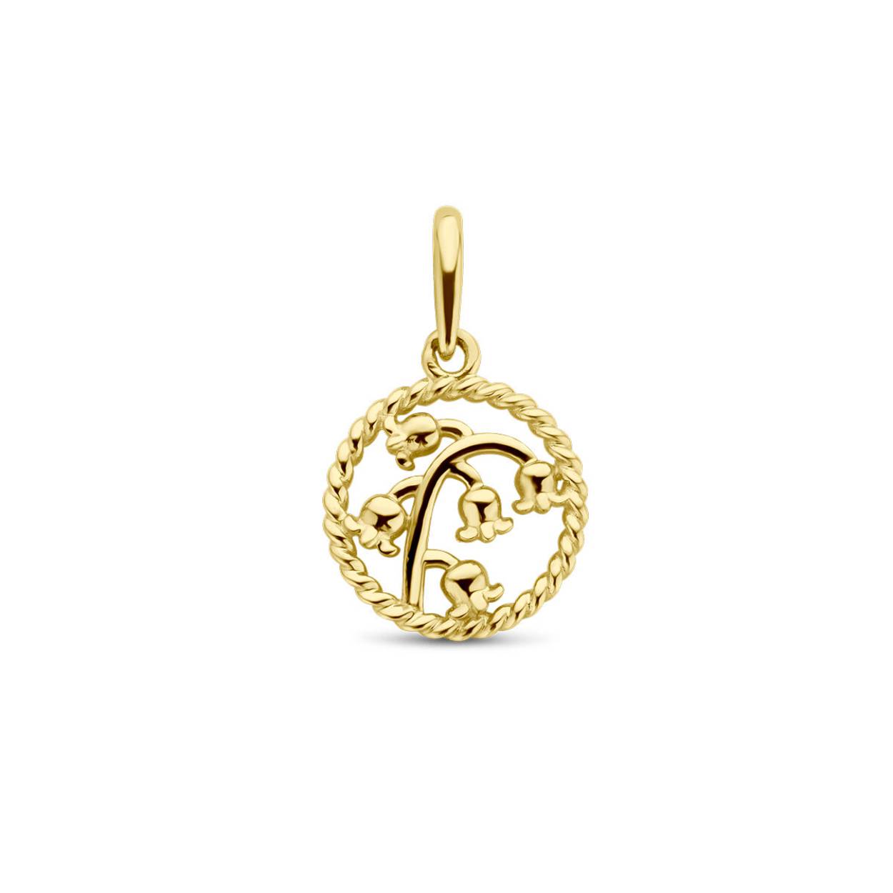 14k Geelgouden hanger met een geboortebloem. De hanger heeft een totale hoogte van 17mm. Geboortemaand mei, lelietje-van-dalen.