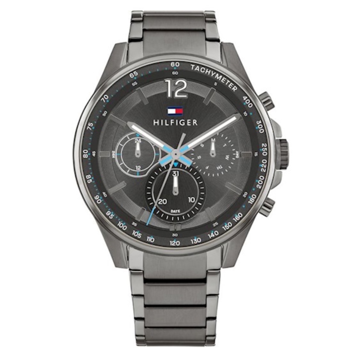 Een chic Tommy Hilfiger herenhorloge. De kastmaat is 44 mm en de breedte van de band 21 mm. De kast, band en wijzerplaat zijn grijs van kleur.