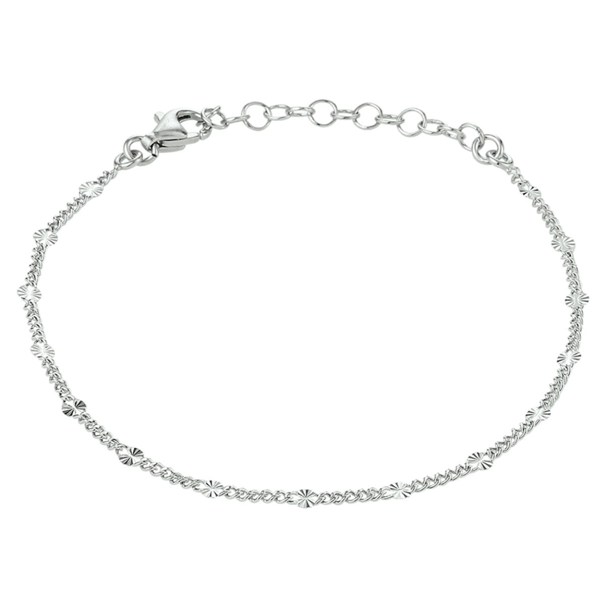 Gerhodineerd 925 zilveren enkelbandje uitgevoerd met een gourmet schakel en plaatjes. Het enkelbandje heeft een draaglengte van 24cm met een extensie van 2cm. De plaatjes hebben en breedte van 2.5mm. De schakelbreedte is 2.5mm.