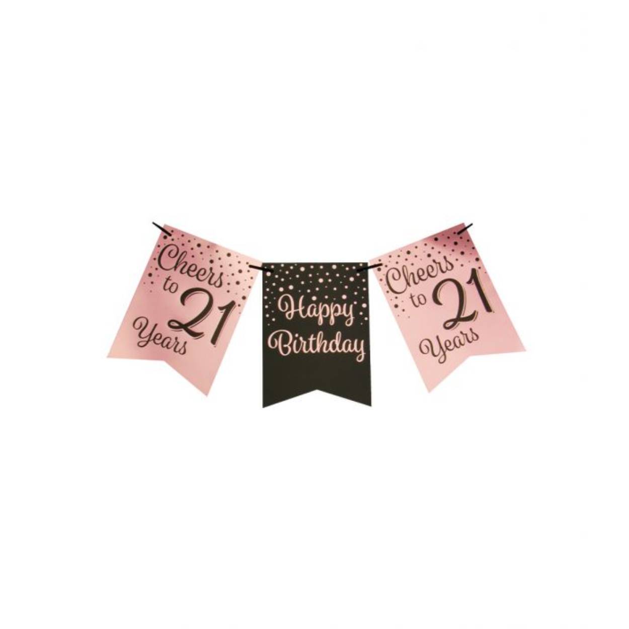 De rose/black party flag banners maken goede sier op een feestje zoals bijvoorbeeld een jubileum, maar ook op een verjaardagsfeest zoals deze rose/black party flag banner met opdruk 21. Door de gebruikte kleuren hebben deze flag banners een luxe maar toch feestelijke uitstraling! De vlaggetjes zijn gemaakt van folie met een bedrukking aan beide kanten