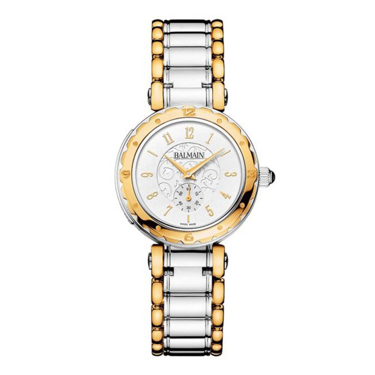 Dit dameshorloge heeft een bijzondere parelmoer wijzerplaat met arabesque patroon. De edelstalen kast en bi-color schakelband van het horloge zorgen voor een prachtige combinatie. De B4552.39.14 is voorzien van een quartz uurwerk, en is afgewerkt met een krasarm saffier glas. Ook is er een decentrale secondewijzer op de wijzerplaat geplaatst. Het model waterdicht tot een diepte van 30 meter. Dit houdt in dat het horloge zonder problemen omgelaten kan worden tijdens het douchen of zwemmen (duiken uitgezonderd). Dankzij de luxe details is dit Balmain horloge uit de Balmainia serie echt een plaatje om te zien.