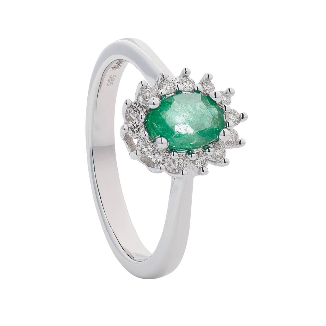 14krt witgouden ring met smaragd 7x5mm en 0.20ct diamant G-SI