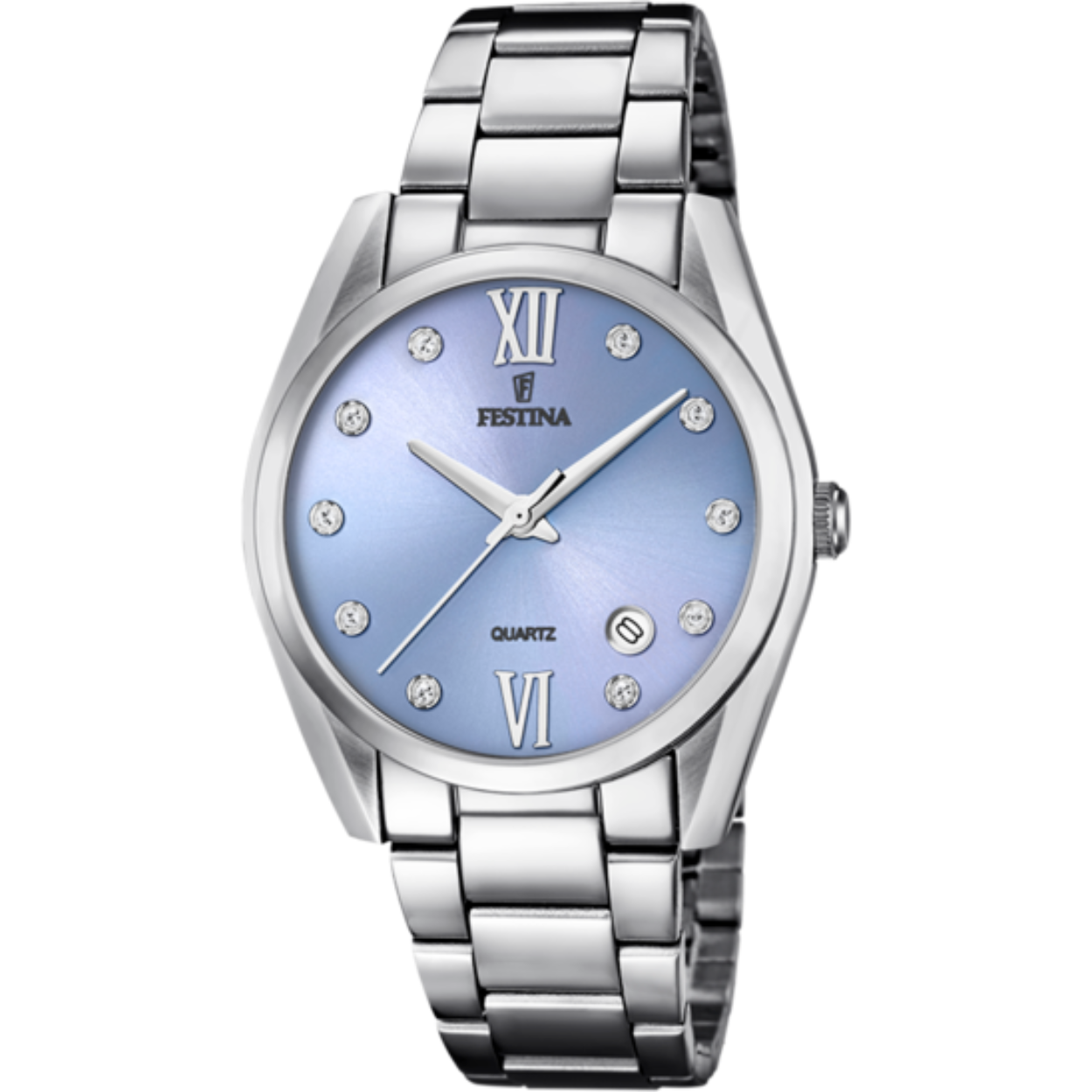 Damesuurwerk van Festina uit de 'Boyfriend' collectie
Zilverkleurige band en kast in edelstaal
Lichtblauwe wijzerplaat met sierdiamanten en datumaanduiding
Waterdichtheid: 5 ATM