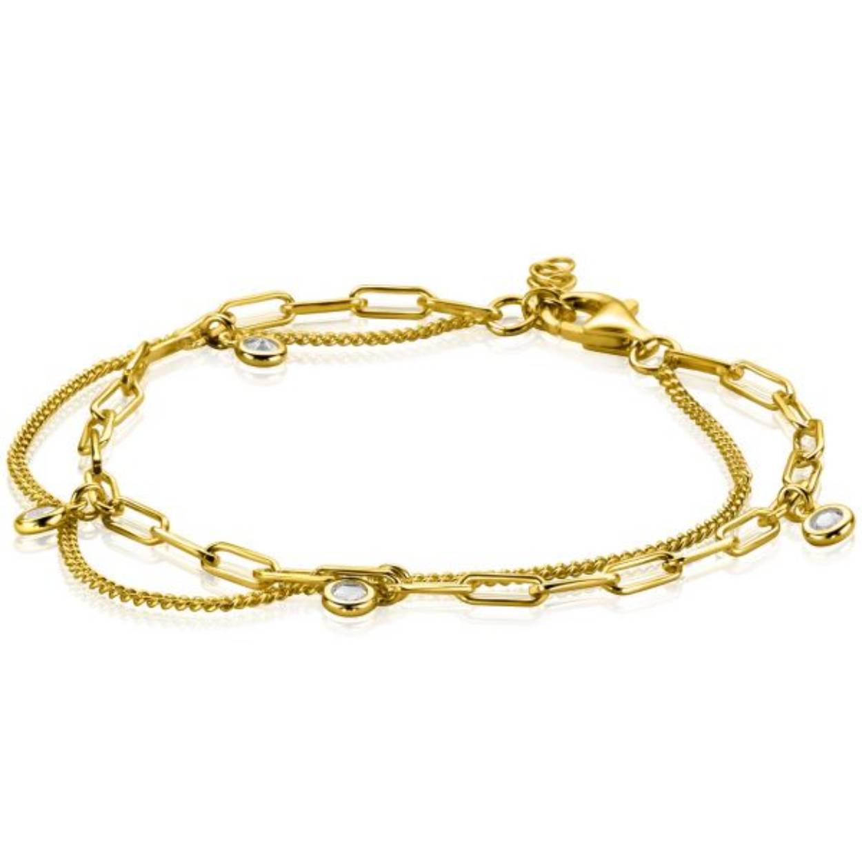 ZINZI gold plated zilveren multi-look armband met twee verschillende trendy schakels: de gourmet schakel en de paperclip schakel. Aan de paperclip schakel zijn 4 ronde witte zirconia's verbonden. Het geeft de armband een '2 in 1' uitstraling. Met herkenbaar Zinzi hartje bij de sluiting. De lengte van de armband is te variëren tussen 16,5 en 19,5cm. De armband is vervaardigd van eerste gehalte zilver (925) en voorzien van een extra 14K geel vergulding.

