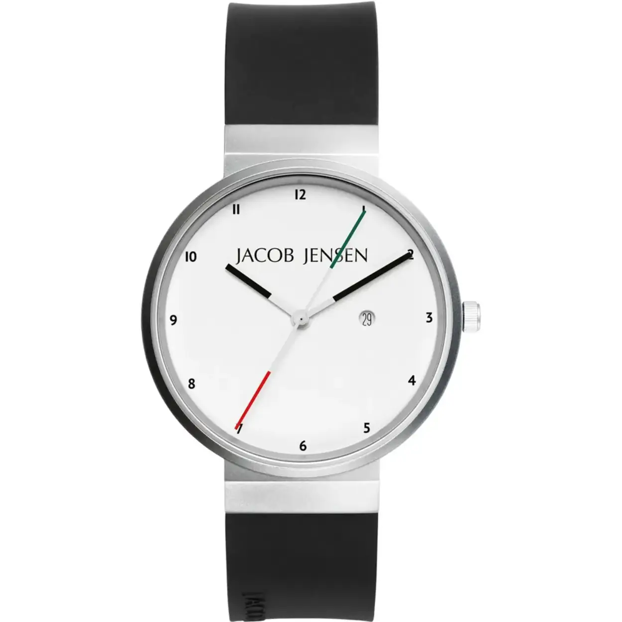Dit Jacob Jensen horloge uit de New Premium serie heeft een kast gemaakt van Titanium met een diameter van 35.5 mm en is voorzien van een Rubber band. In de kast bevindt zich een Ronda kwaliteitsuurwerk en is afgewerkt met Saffierglas.