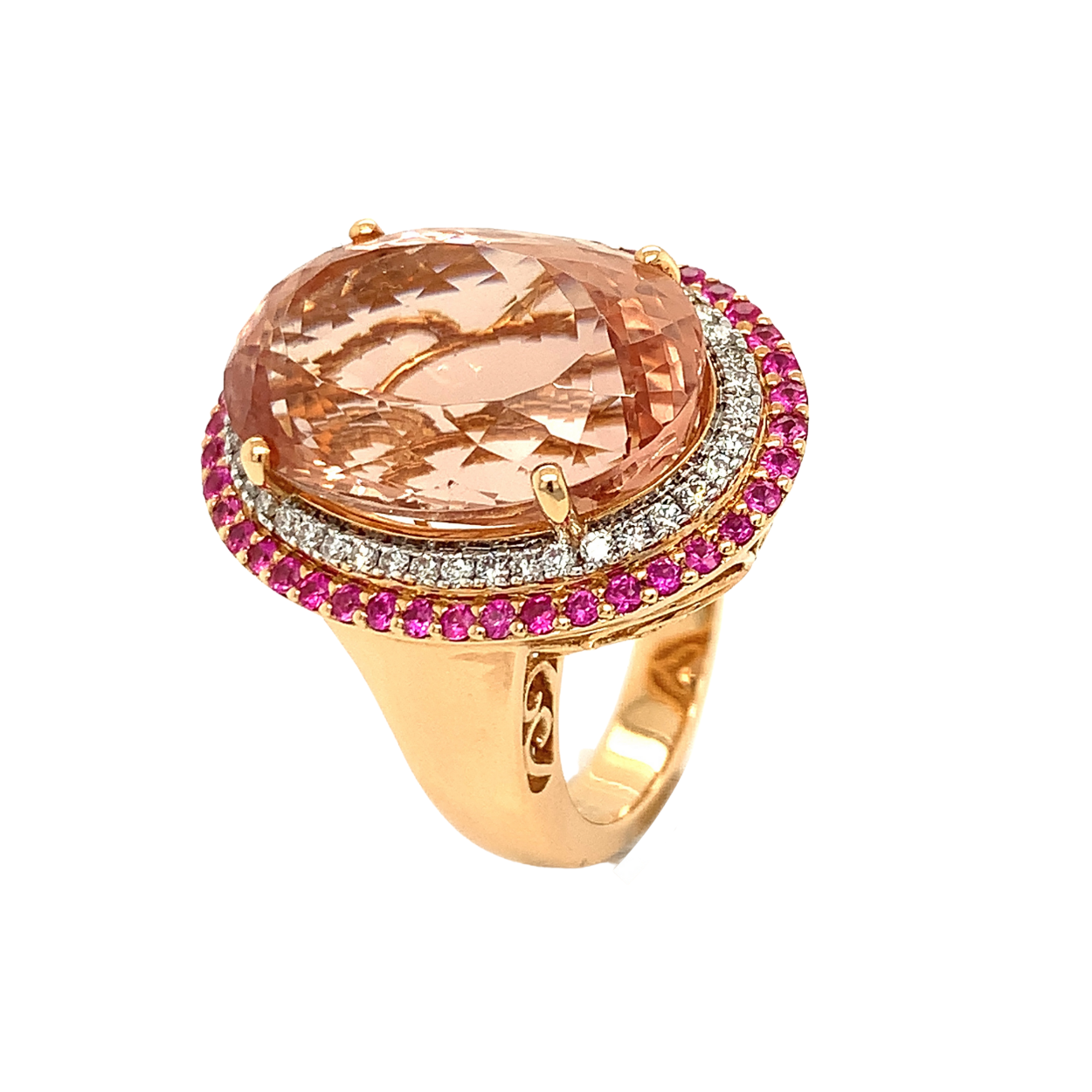 BAGUE OR ROSE 18K , MORGANITE 20.11 CT , SAPHIRS ROSES 0.80 CT ET DIAMANTS 0.46 GVS1