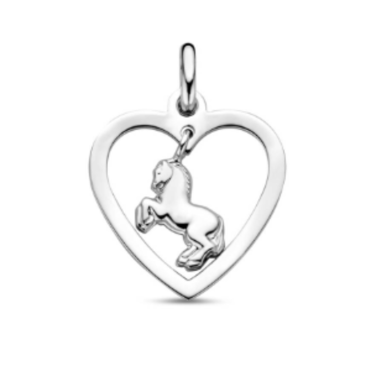 Gerhodineerd 925 zilveren hanger uitgevoerd in de vorm van een hart met een paard. De hanger heeft een totale hoogte van 20mm