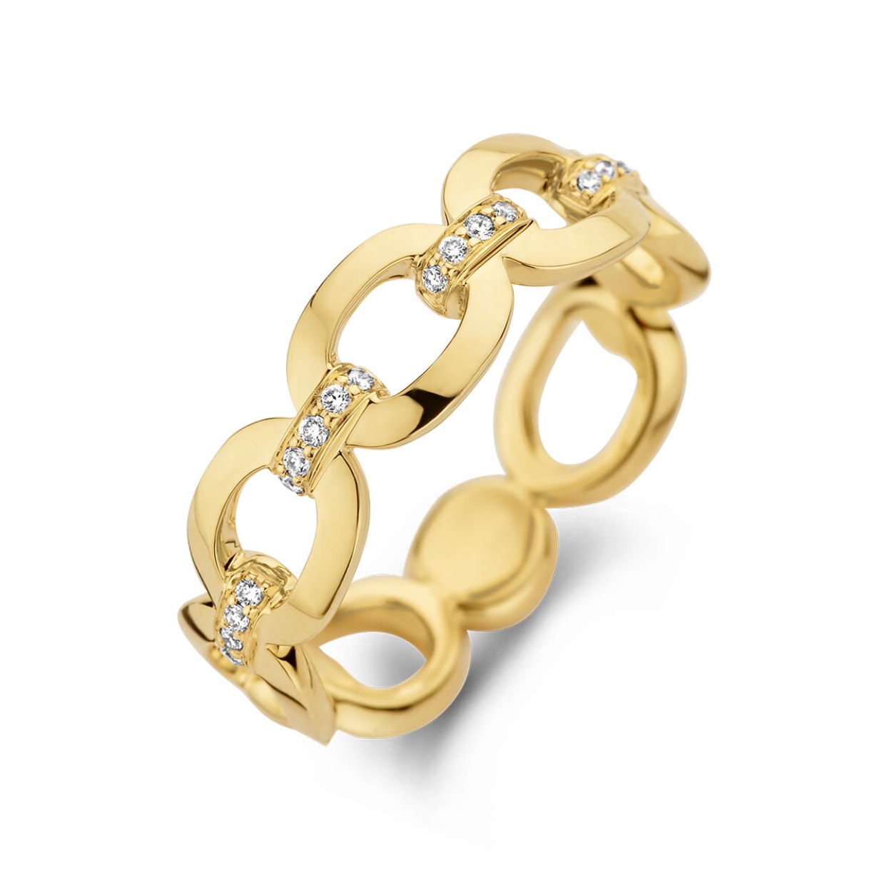 14k Geelgouden ring uitgevoerd met een schitterende diamant rij. De ring heeft een breedte van 6mm.