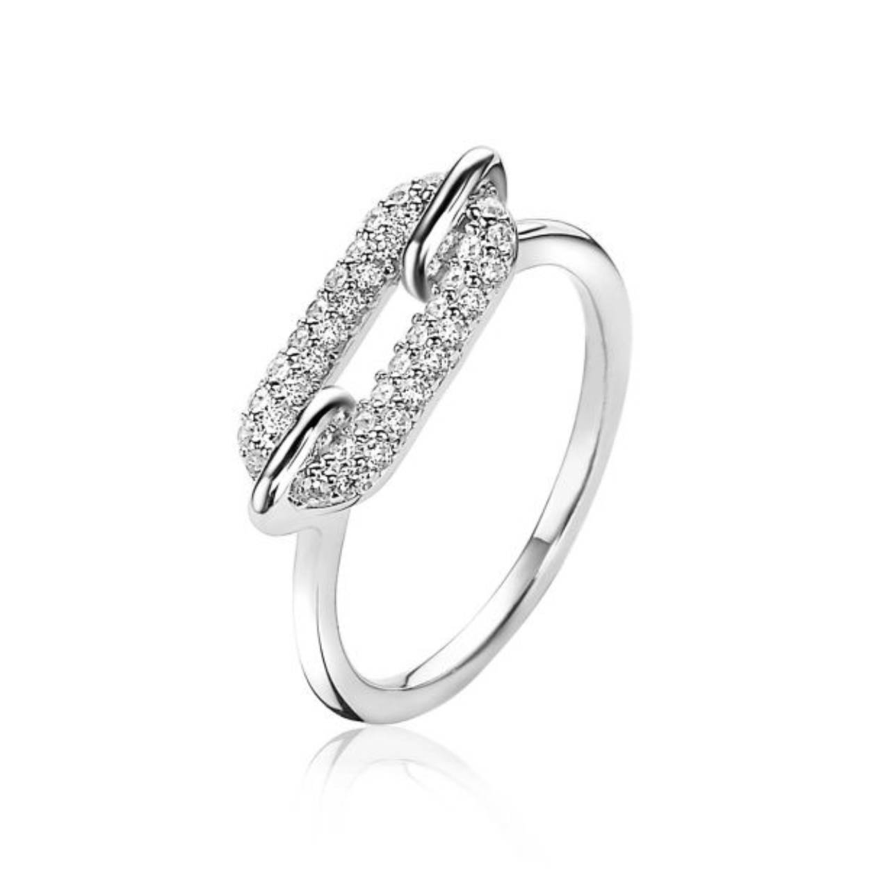 ZINZI zilveren luxueuze ring met open ovale zetting, vol bezet met witte zirconia's. De ovale vorm is sierlijk en trendy bevestigd aan de ring. Vervaardigd van eerste gehalte zilver (925) en met extra rodiumlaag voor een langdurige glans.