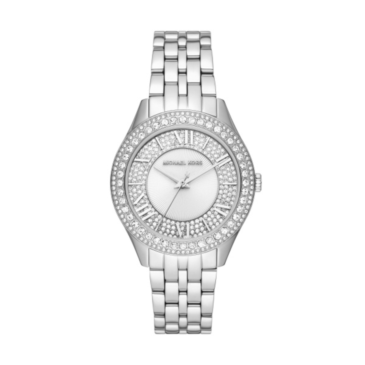 Michael Kors dames polshorloge collectie Harlowe staal met stalen band. Kast bezet met zirkonia. 5 ATM waterdicht.