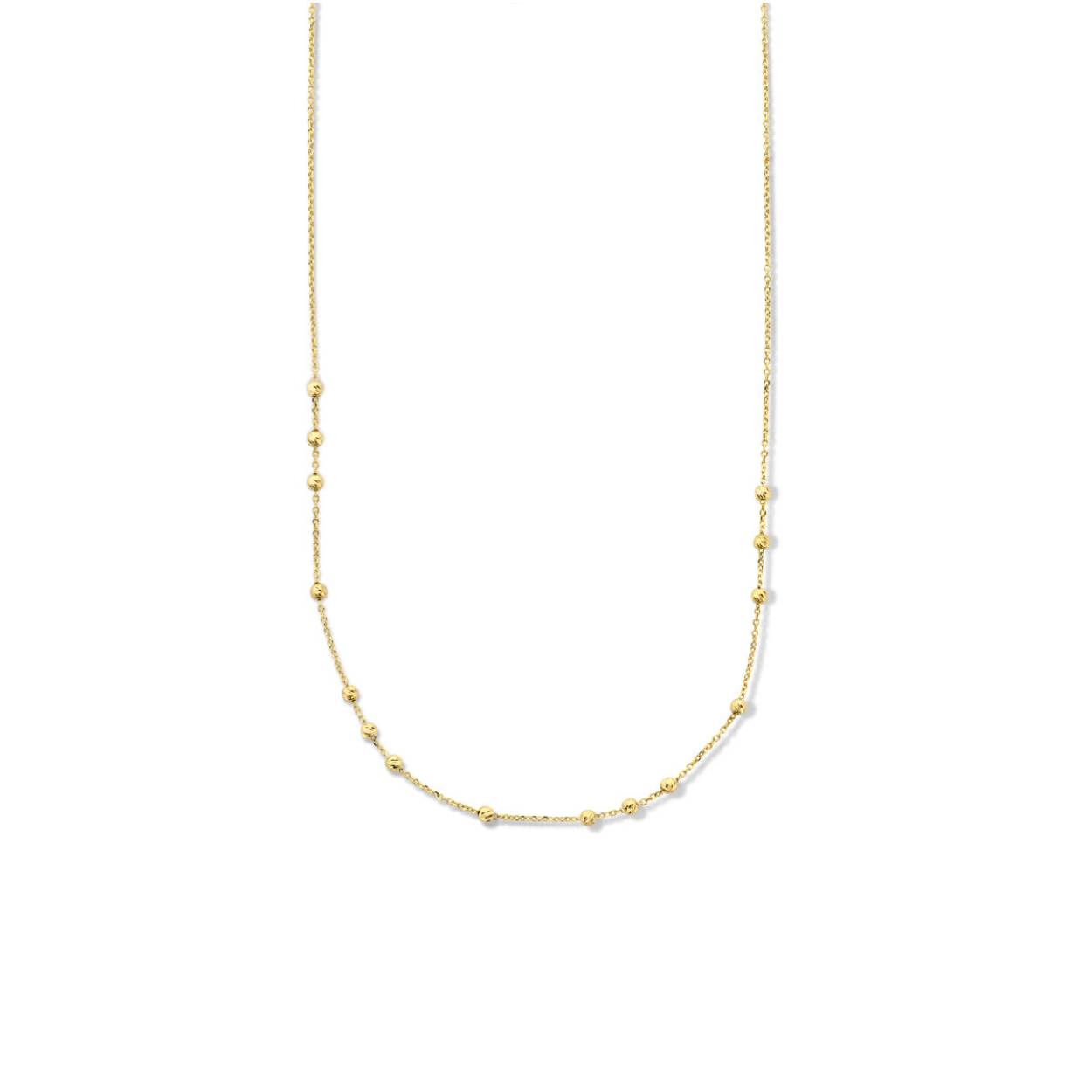 Zilver vergulde collier uitgevoerd met gediamanteerde bolletjes en een karabijn sluiting. Het collier heeft een schakelbreedte van 1.1mm en een draaglengte van 40cm met een extensie van 4cm. Geen garantie op plating.