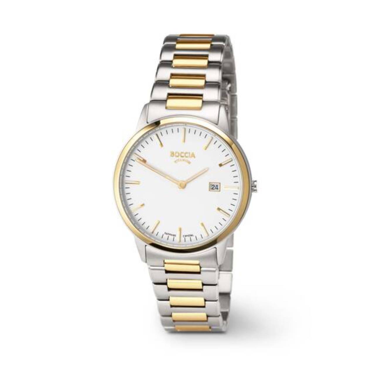 Boccia Titanium 3658-07 Heren 
Dit herenhorloge van Boccia heeft een klassieke uitstraling. De 3658-07 heeft een ronde titanium horlogekast met een goudkleurige bezel, een witte wijzerplaat met een datum en een doorsnee van 39mm. De wijzers en uurstrepen zijn ingelegd met lumibrite. Aan de kast zit een mat glanzende bicolor titanium schakelband met een vouwsluiting. Het horloge heeft een saffierglas en is 10ATM. Of je nu klassie of chique gekleed gaat, dit horloge past bij elke outfit en iedere gelegenheid!

HET MERK
Boccia Titanium is het titanium merk van Nederland, dat zijn oorsprong in Duitsland vindt en is opgericht in het jaar 1992. Ontwikkeld door internationale ontwerpers. Alle titanium componenten van de BOCCIA TITANIUM collectie zijn gemaakt van 99,7% puur titanium; het bijzondere materiaal. Het is licht in gewicht, neemt de temperatuur van de huid aan en is zeer huidvriendelijk. Bovendien is het corrosie- en temperatuurbestendig.

SPECIFICATIES
- Saffierglas
- Ronde titanium horlogekast, Ø39mm
- Titanium schakelband 
- Witte wijzerplaat 
- 10ATM