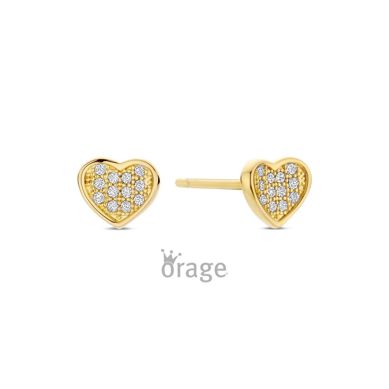 Orage Kids oorstekers hart verguld geel goud met zirkonia steentjes