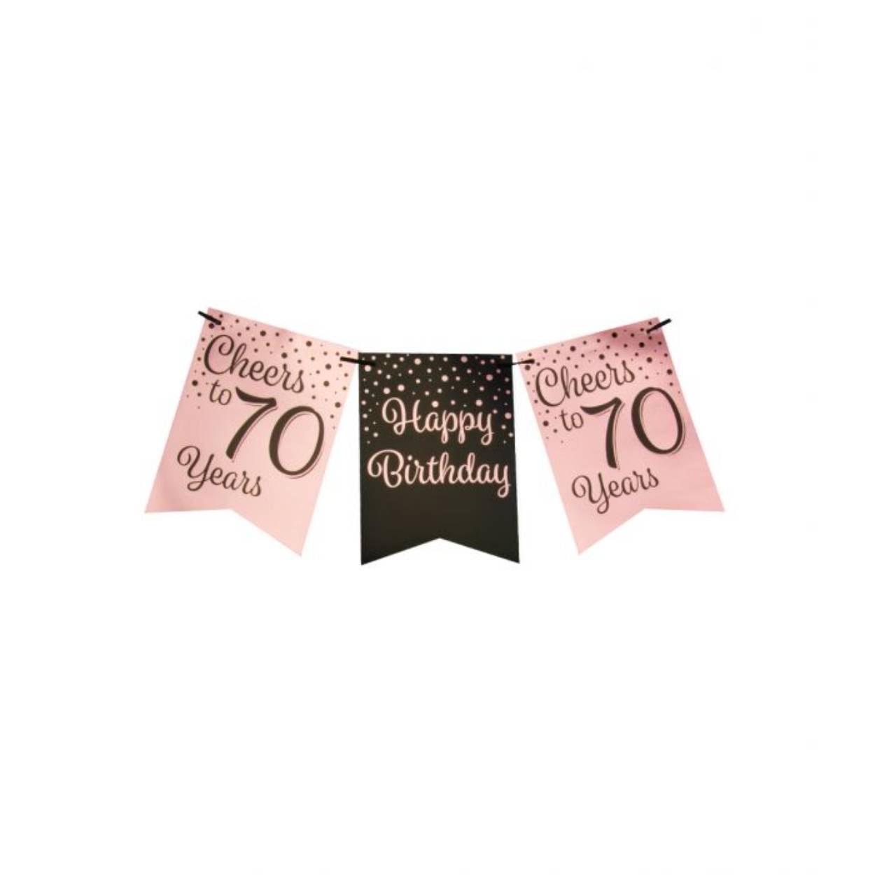 De rose/black party flag banners maken goede sier op een feestje zoals bijvoorbeeld een jubileum, maar ook op een verjaardagsfeest zoals deze rose/black party flag banner met opdruk 70. Door de gebruikte kleuren hebben deze flag banners een luxe maar toch feestelijke uitstraling! De vlaggetjes zijn gemaakt van folie met een bedrukking aan beide kanten