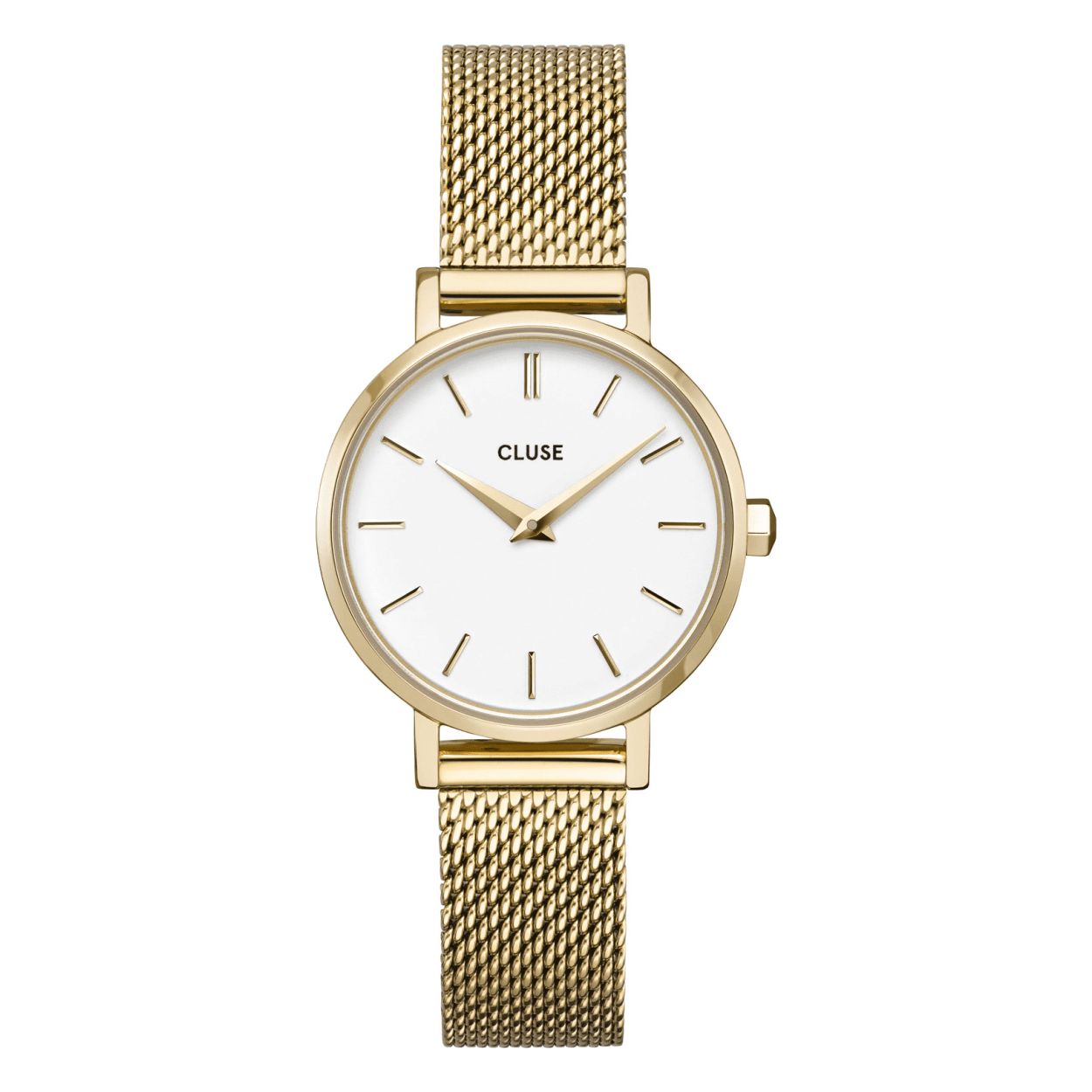 Dit is een horloge van Cluse. De kast is gemaakt van edelstaal en de kleur van de kast is goud. De band is gemaakt van edelstaal en de kleur van deze band is goud.