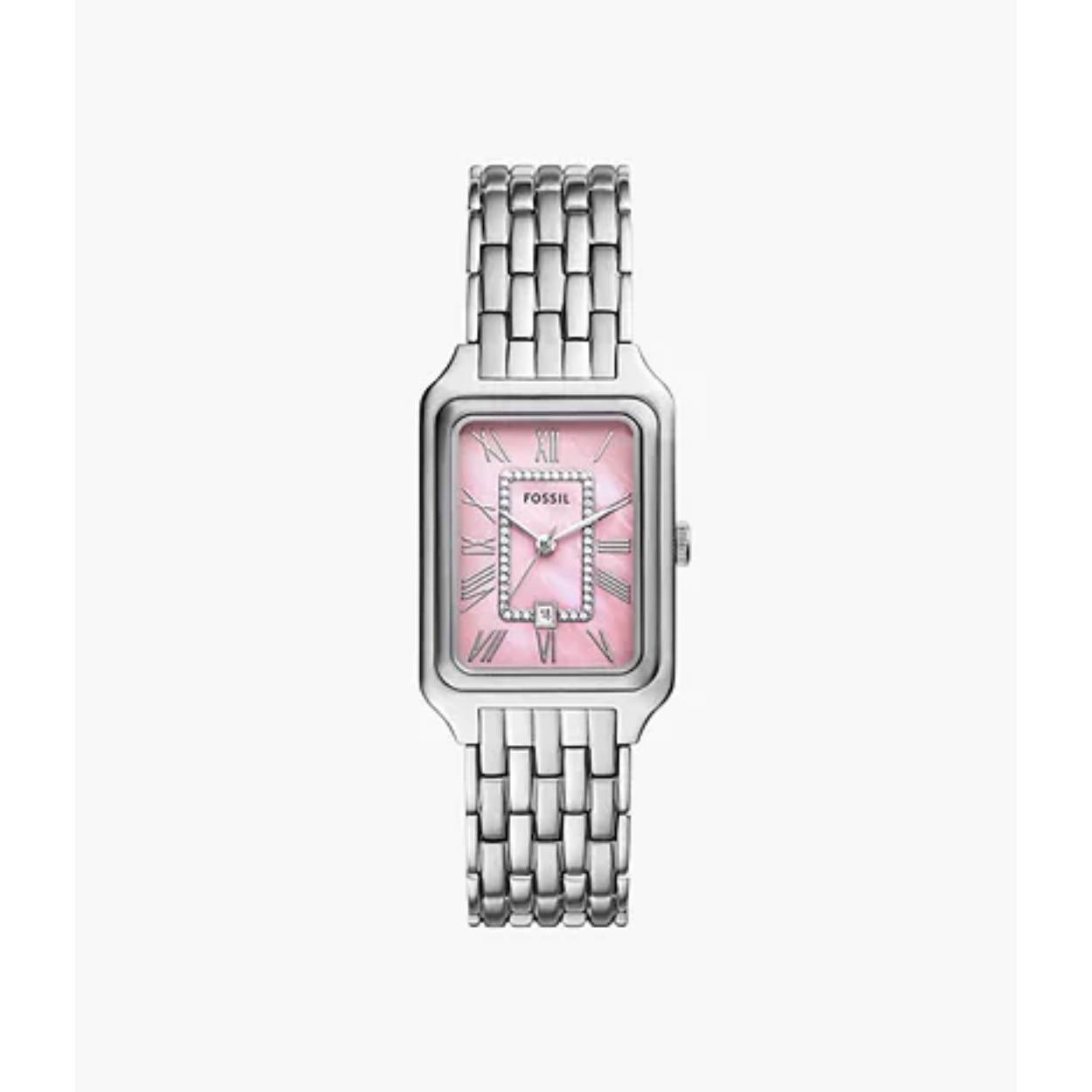 The Raquel watch is a true icon reborn. Its slim rectangular case and stainless steel bracelet exude timeless sophistication. A lustrous pink mother-of-pearl dial keeps things bright but versatile, while the three-hand date movement offers effortless functionality. Vintage-inspired yet refreshingly modern, it's a classic you'll keep in heavy rotation.