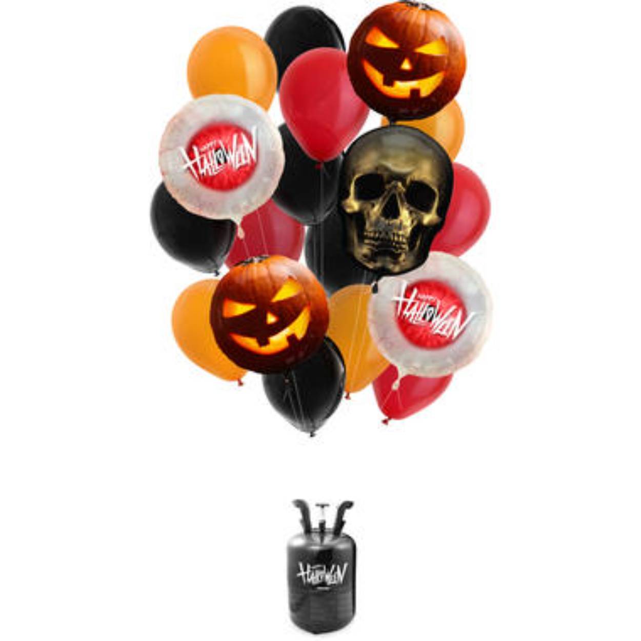 Helium Cilinder BalloonGaz 30 'Halloween' met Ballonnen en Lint. Inhoud: 1 helium cilinder (0,21 m3), 12 latexballonnen (23cm), 5 folieballonnen (4x 45 cm en 1x 40x62cm) en 1 rol lint (ca. 40 m). Kleur: Meerkleurig. Bijvoorbeeld te gebruiken tijdens de volgende feestgelegenheid/feestgelegenheden: Halloween. Met de cilinder kun je tot 30 ballonnen van 9 inch/23 cm opblazen. Het artikel is gemaakt van metaal dat steeds weer gerecycled kan worden.