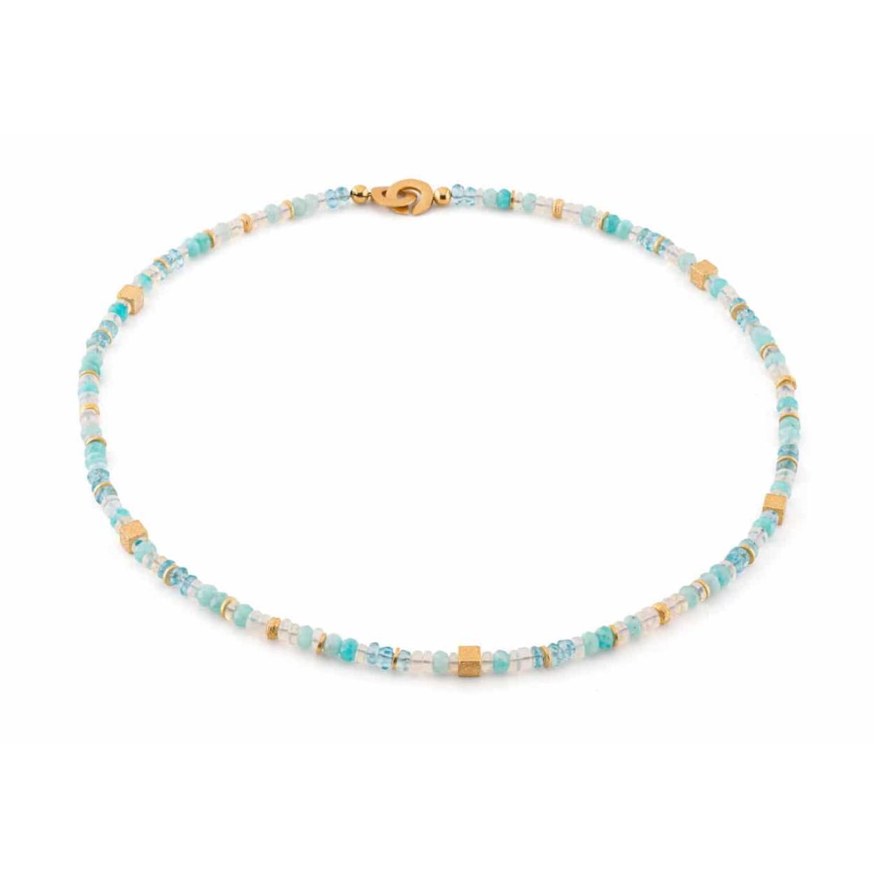 Collier, blauwe topaas, opaal en amazoniet met zilver verguld