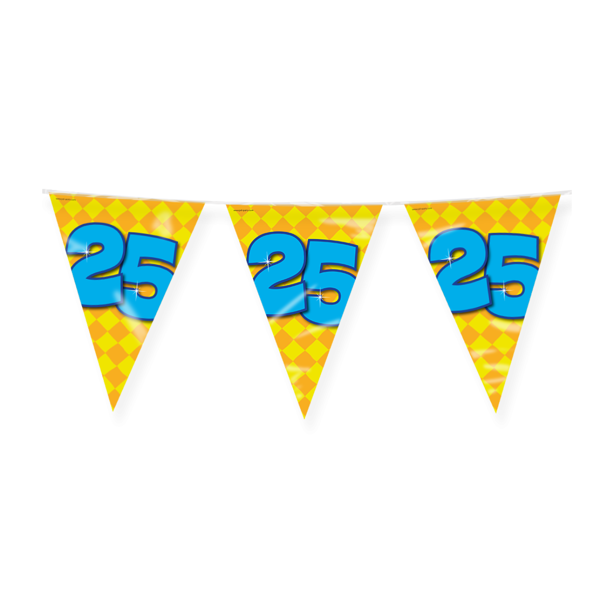 De Happy party flags 25 zijn de ideale versiering op de verjaardag van een 25-jarige. Door de vrolijke kleuren vallen deze party vlaggen dan ook extra goed op! De aan beide kanten bedrukte vlaggetjes zijn gemaakt van folie, hebben een lengte van 10 meter