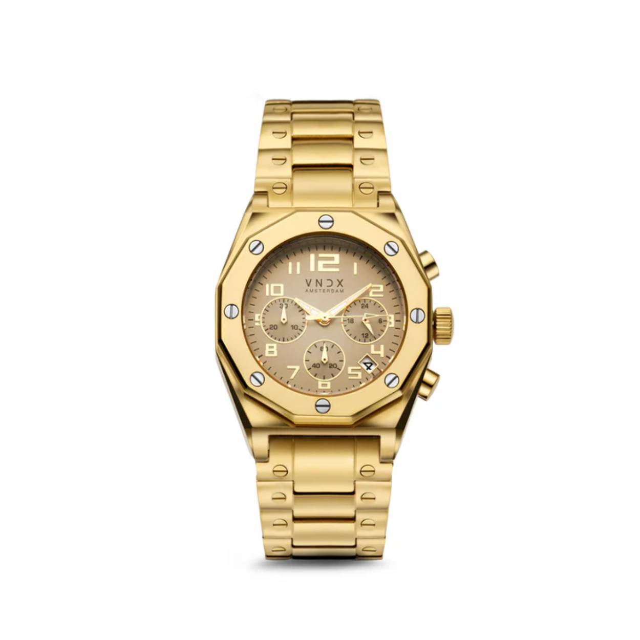 Maak een statement met The One Goud Beige van VNDX Amsterdam. Dit horloge combineert tijdloze elegantie met hoogwaardige materialen en luxe afwerking. De gouden kast en de verfijnde beige wijzerplaat vormen samen een tijdloos elegante combinatie, die perfect balanceert tussen stijl en eenvoud. Een veelzijdig horloge dat zowel dagelijks als bij speciale gelegenheden indruk maakt.

Waarom je The One moet hebben:

Krasbestendig saffierglas: Altijd een heldere wijzerplaat, zelfs bij dagelijks gebruik.
Lichtgevende wijzers: Voor zichtbaarheid, zelfs in het donker.
Duurzame RVS band: Luxe uitstraling en stevige, comfortabele pasvorm.
Waterdicht tot 10 ATM: Geschikt om mee de grachten in te springen.
Met The One Goud Beige draag je niet alleen de tijd, maar maak je een statement van luxe en stijl. Voeg dit iconische horloge vandaag nog toe aan je collectie!