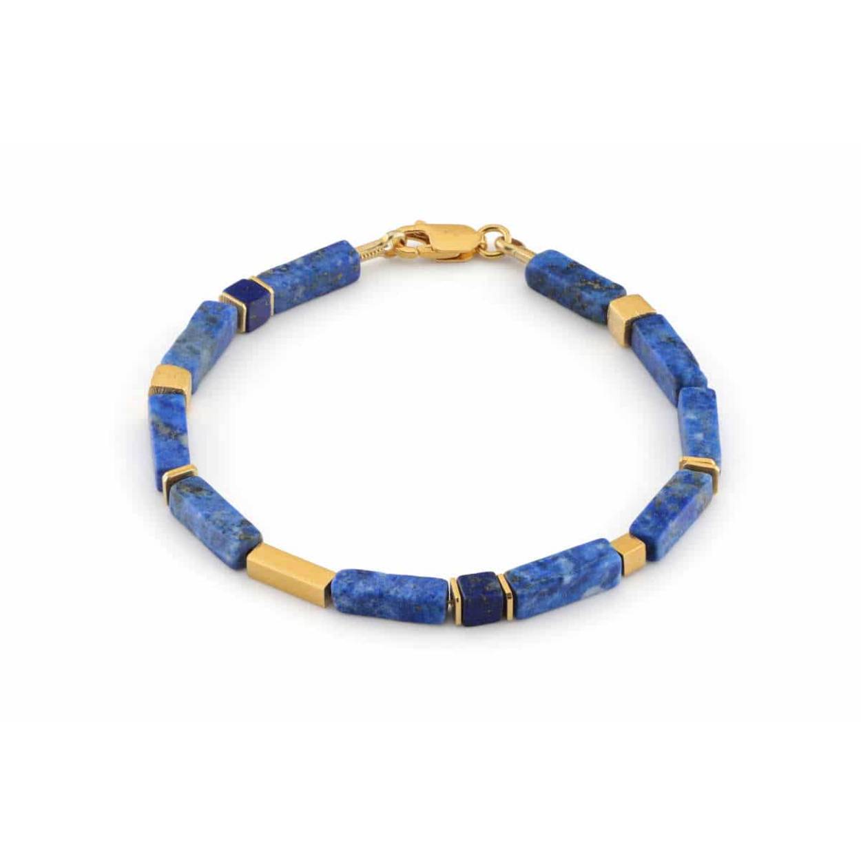 Armband, lapis lazuli rechthoeken en 4mm blokjes met zilver verguld