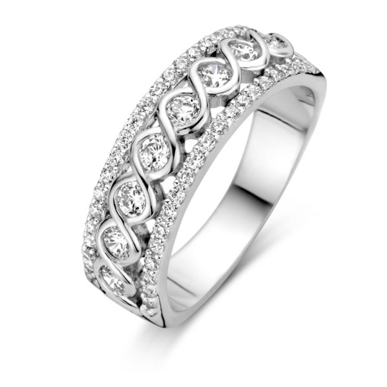 Rosa di luca , zilveren sieraad; ring, middelste baan van de ring is gevlochten met zirkonia's ertussen, buitenste banen van de ring zirkonia's in rail zetting