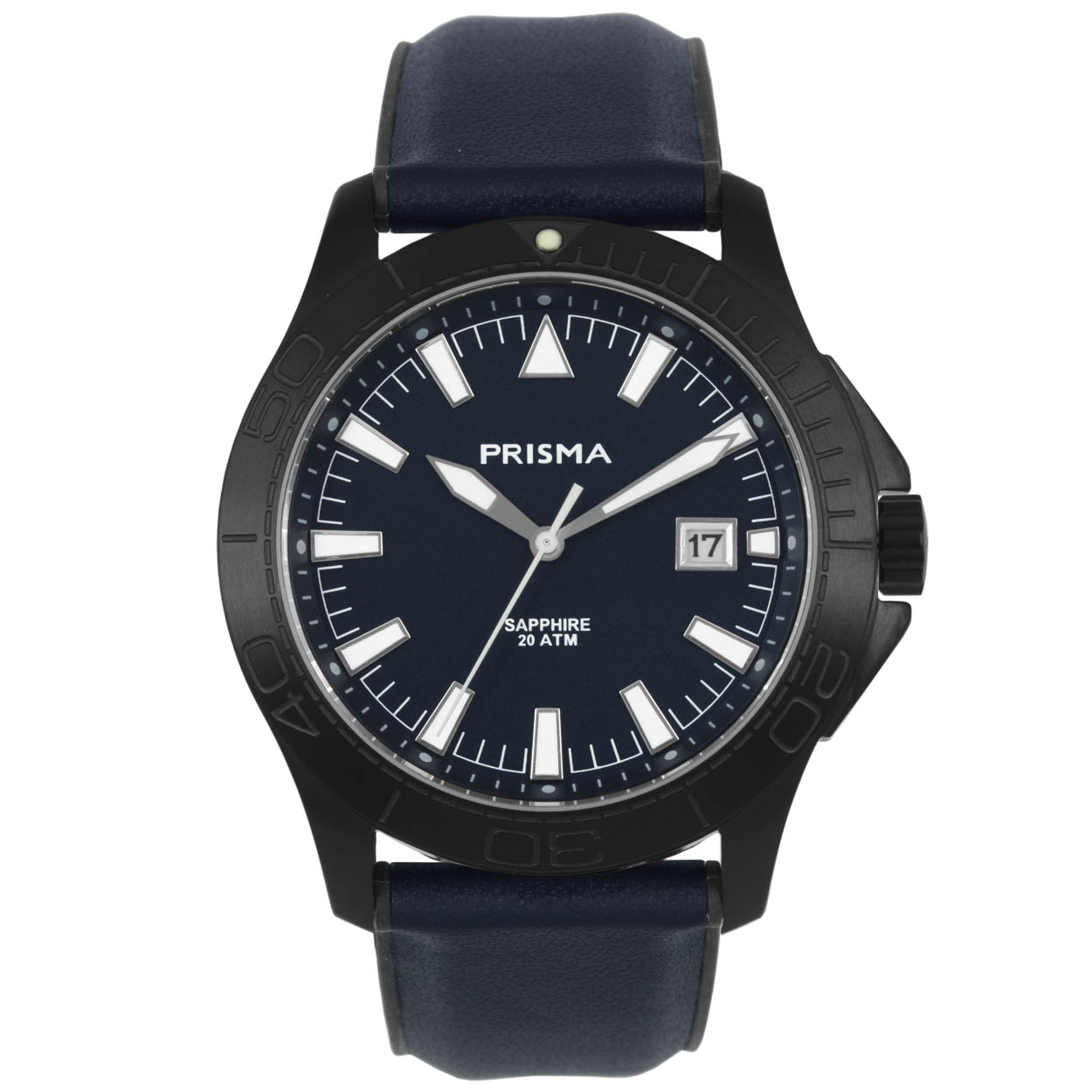 Prisma horloge 1161 heren edelstaal saffierglas 20 ATM 

- band echt leer blauw
- wijzerplaat blauw met witte streepjes
- boven gem. waterdicht: zwemmen/duiken
- glas is zeer krasvast
- ook voor brede pols (max. 229,55 mm)
- datum
- quartz
- maat kast 44,4mm (breedte) 11,5mm (dikte)