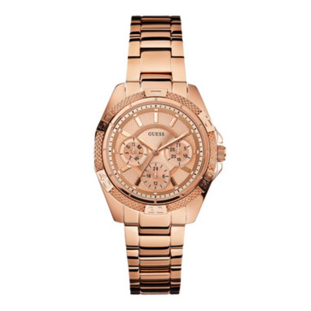 Dit horloge is een dameshorloge van het merk GUESS. De kleur van de kast is rose goud en de kleur van de band rose goud. De wijzerplaat is parelmoer van kleur. De kast van het horloge is gemaakt van edelstaal en de band is van edelstaal. De tijdsaanduiding is analoog en als glas is gebruikgemaakt van mineraal. Het horloge heeft een diameter van 36 mm.