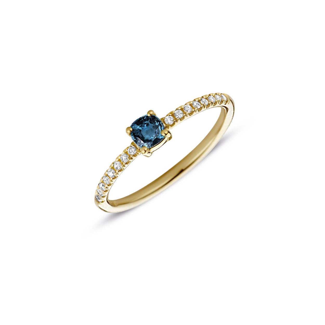 Miss Spring Ring in 14 Krt Geel Goud
model: 713  Brilliantly Cushion LBT DI

 14kts goud met London blue topaas, met diamant briljant 16/0.12crt  pikee/Wesselton