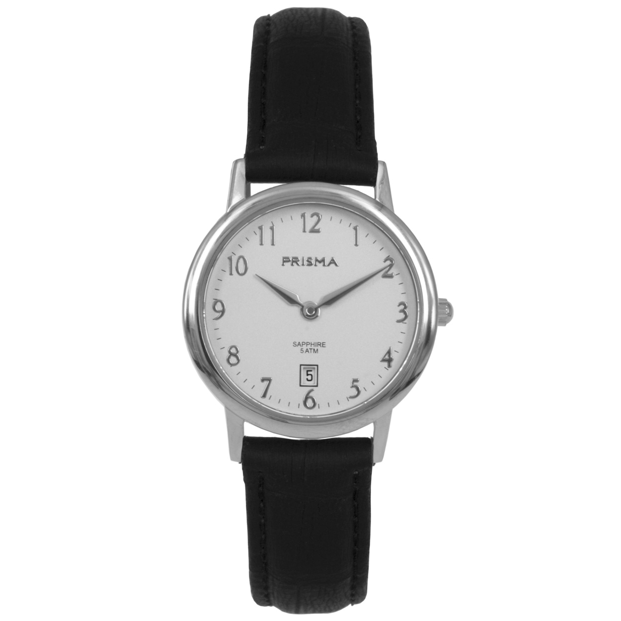 Prisma horloge 2116 dames edelstaal saffierglas 5 ATM 

Algemeen
Geslacht: dames
Model: P.2116

Voordelen
- band leder zwart
- wijzerplaat wit met zilvere cijfers (arabisch)
- glas is zeer krasvast
- datum
- duidelijke tijdsweergave
- spat waterdicht: handenwassen, regen
- quartz
- maat kast 28mm (breedte) 6,4mm (dikte)