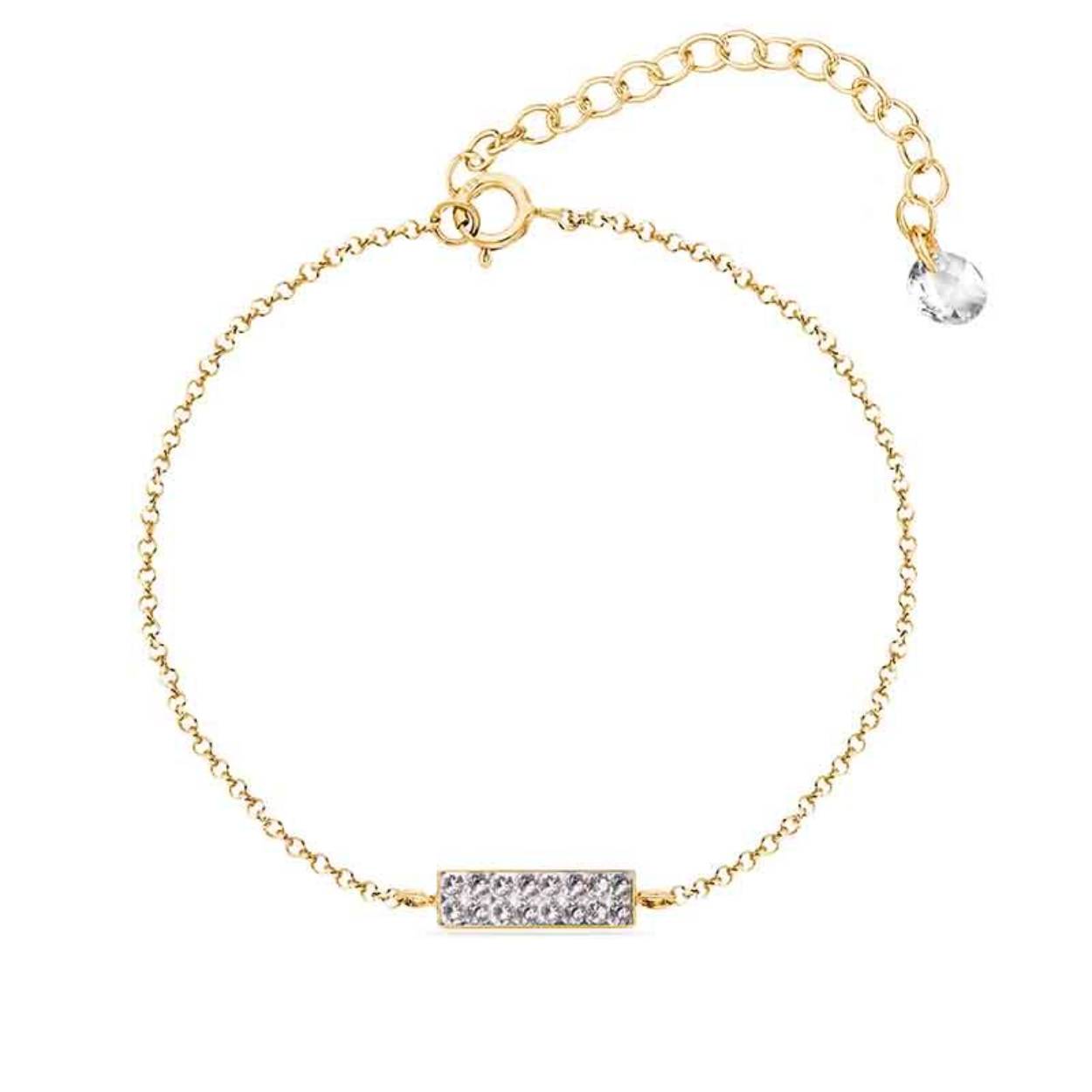 Fijn verguld zilver armbandje met Swarovski kristallen uit de Radiance Collectie van Spark Jewelry.

Het verguld zilveren anker schakel armbandje is te dragen van 15,5 tot en met 21 cm, aan het einde van armbandje zit een kleine transparante facet geslepen Swarovski kristal. In het midden van het armbandje zit een rechthoekig plaatje met 16 transparante Swarovski Kristallen, afmeting 1,4 x 0,5 cm.

Leuk om te combineren met de Necklace en Earrings om het helemaal af te maken!

*Spark Glow Gilded Necklace NGFMP1C.
*Spark Glow Gilded Earrings KWGFMP1C
*Spark Radiance Gilded Earrings Crystal KGFMP1C