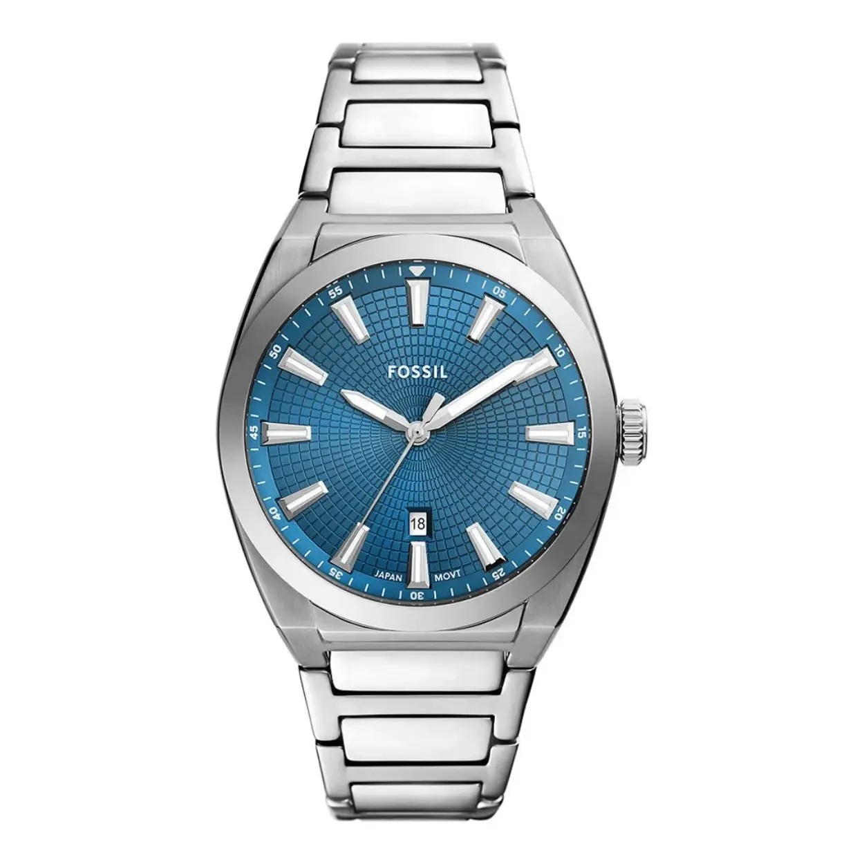 Fossil heren horloge, stalen band en kast, blauwe wijzerplaat, datum.