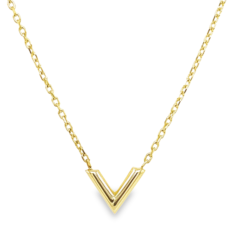 Dit 14-karaats geel gouden ankerschakel collier is onwijs leuk! Het hangertje (welke vastzit aan het collier) is een V vorm.