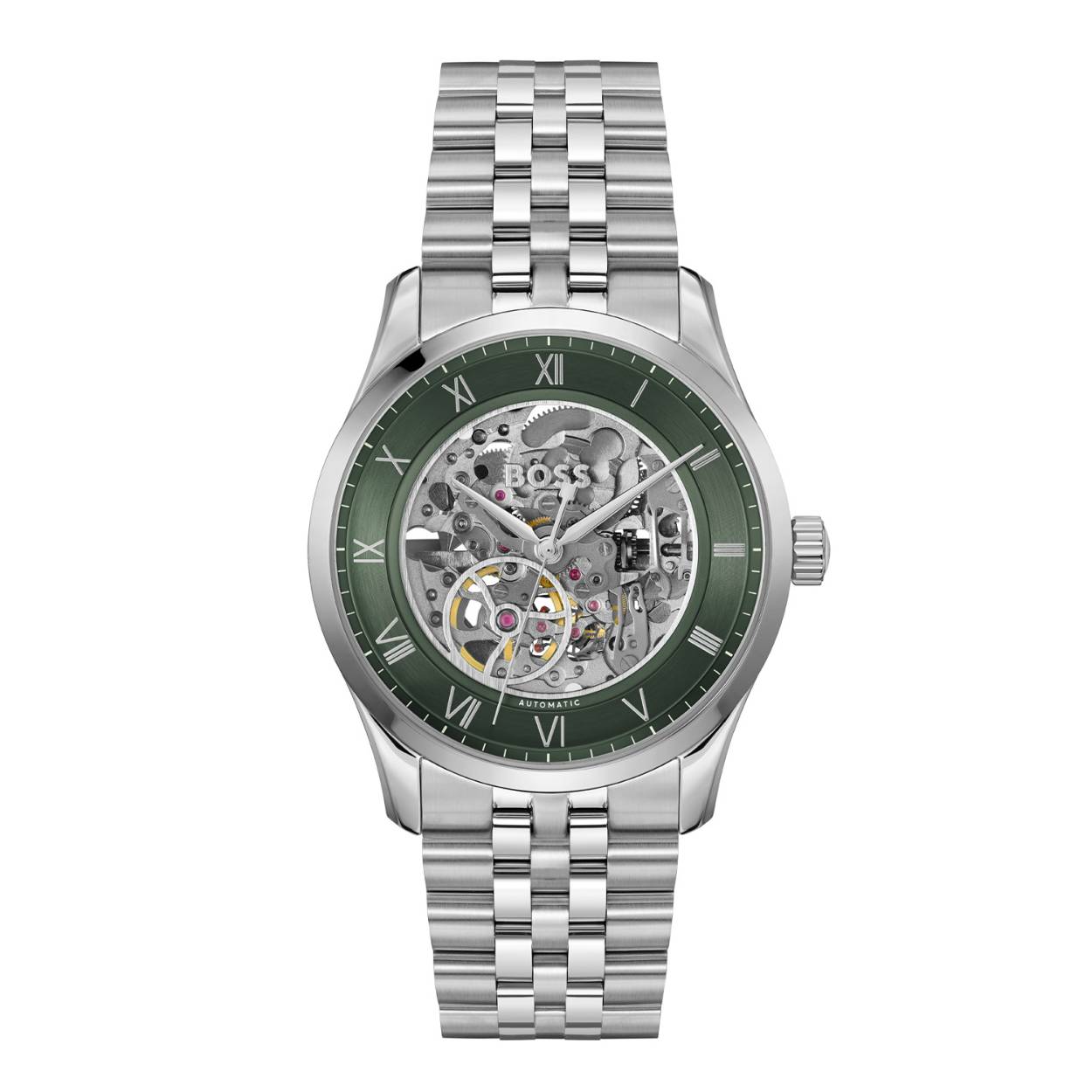 Hugo Boss Principe Skeleton Men's Watch HB1514236 voor heren.

Het horloge beschikt over een quartz uurwerk. Deze prachtige wijzerplaat is groen en is afgedekt met kwalitatief mineraalglas. De horlogekast is gemaakt van rvs en heeft een diameter van 41 mm. De kleur van deze horlogeband is zilver en heeft een breedte van 22 mm. De horlogeband is gemaakt van rvs . Met dit prachtige horloge ben je elke dag op de hoogte van de juiste tijd!