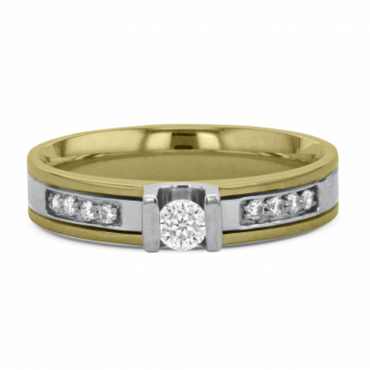 14k bicolor trouwringen. De dames ring is bezet met briljant geslepen diamanten van totaal 0.23ct. Beide ringen zijn 4mm breed.