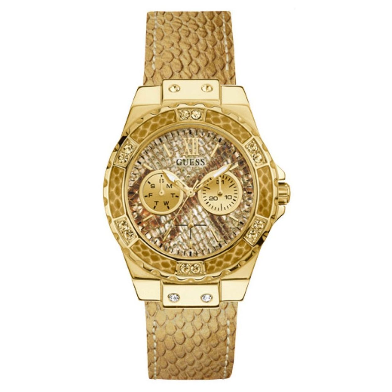 Dit goudkleurige GUESS Limelight dameshorloge is een van de 3 limited editions die in samenwerking met de iconische popster Jennifer Lopez worden gelanceerd. Deze variant valt op met haar slangenprint details op de lunet en lerenband met metallic finish. De wijzerplaat heeft een glinsterende tweekleurige wijzerplaat met een bijpassend motief. Model: W0775L13