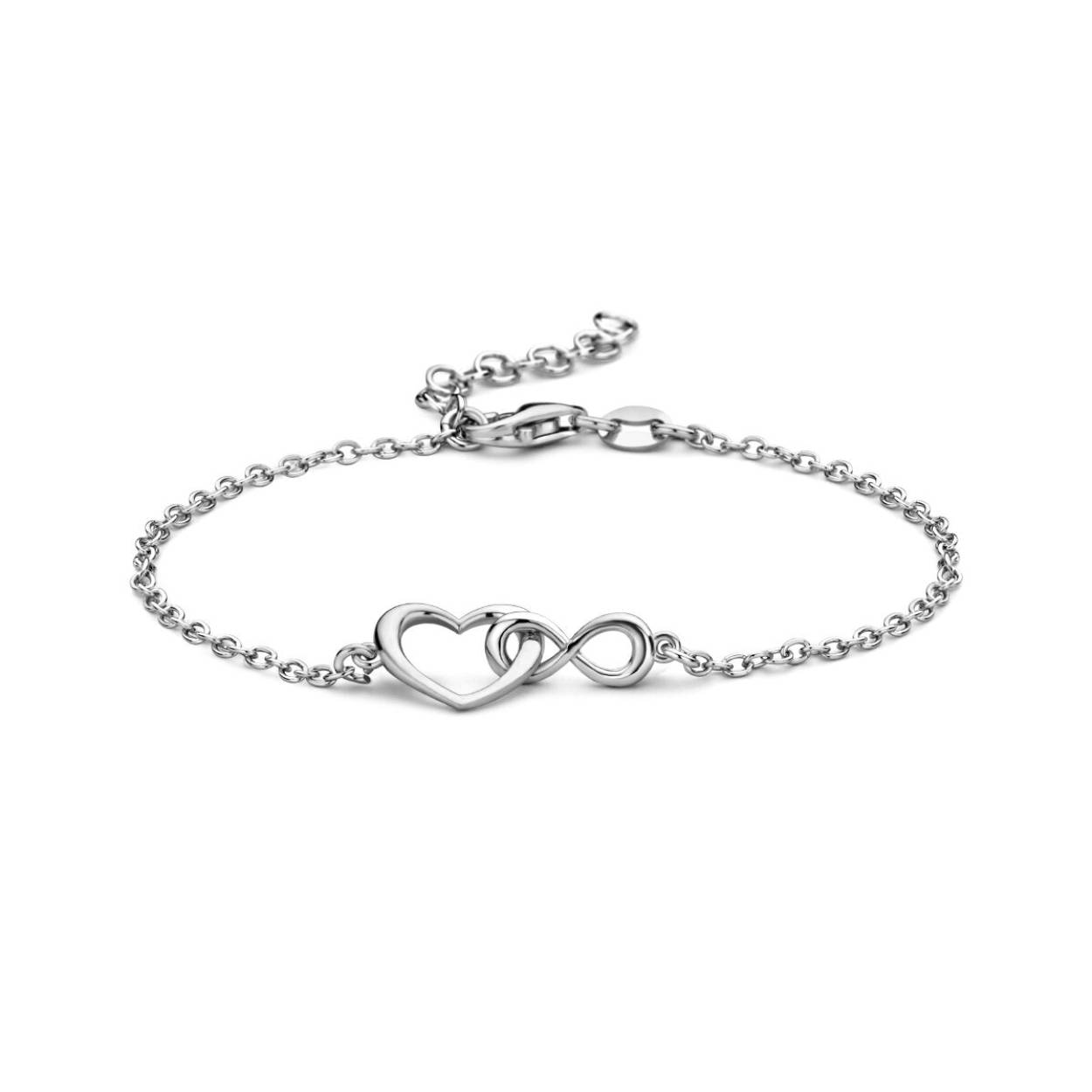 Gerhodineerd 925 zilveren armband met een hart en infinity. De draaglengte is 16cm met een extensie van 3cm. Uitgevoerd met een karabijn sluiting. De schakelbreedte is 1.7mm.