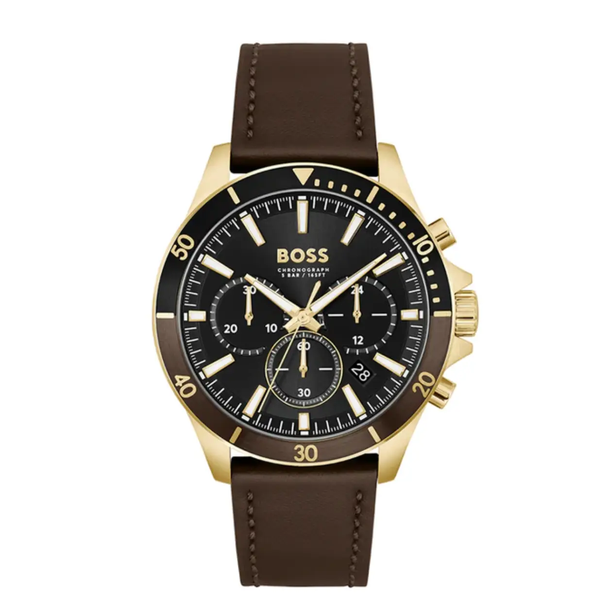 BOSS 1514100 Troper chronograaf horloge voor heren.
De gedurfde Boss-stijl definieert de esthetiek van de Troper, een chronograafhorloge met datumfunctie voorzien van een doorgestikte leren band die de look compleet maakt. 