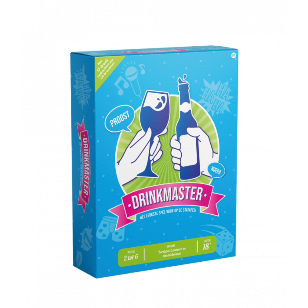 Dit Drinkmaster spel is het ideale spel op het feestje van iemand die zijn of haar 18e verjaardag viert. Leg het Drinkmaster 18 spel op een statafel (of ronde tafel) en je weet zeker dat het een gezellig feestje gaat worden. De dobbelstenen en pionnen zijn inbegrepen en op het speelbord zijn de spelregels en de grappige opdrachten te vinden. Het spel heeft een diameter van 82,5 centimeter. 