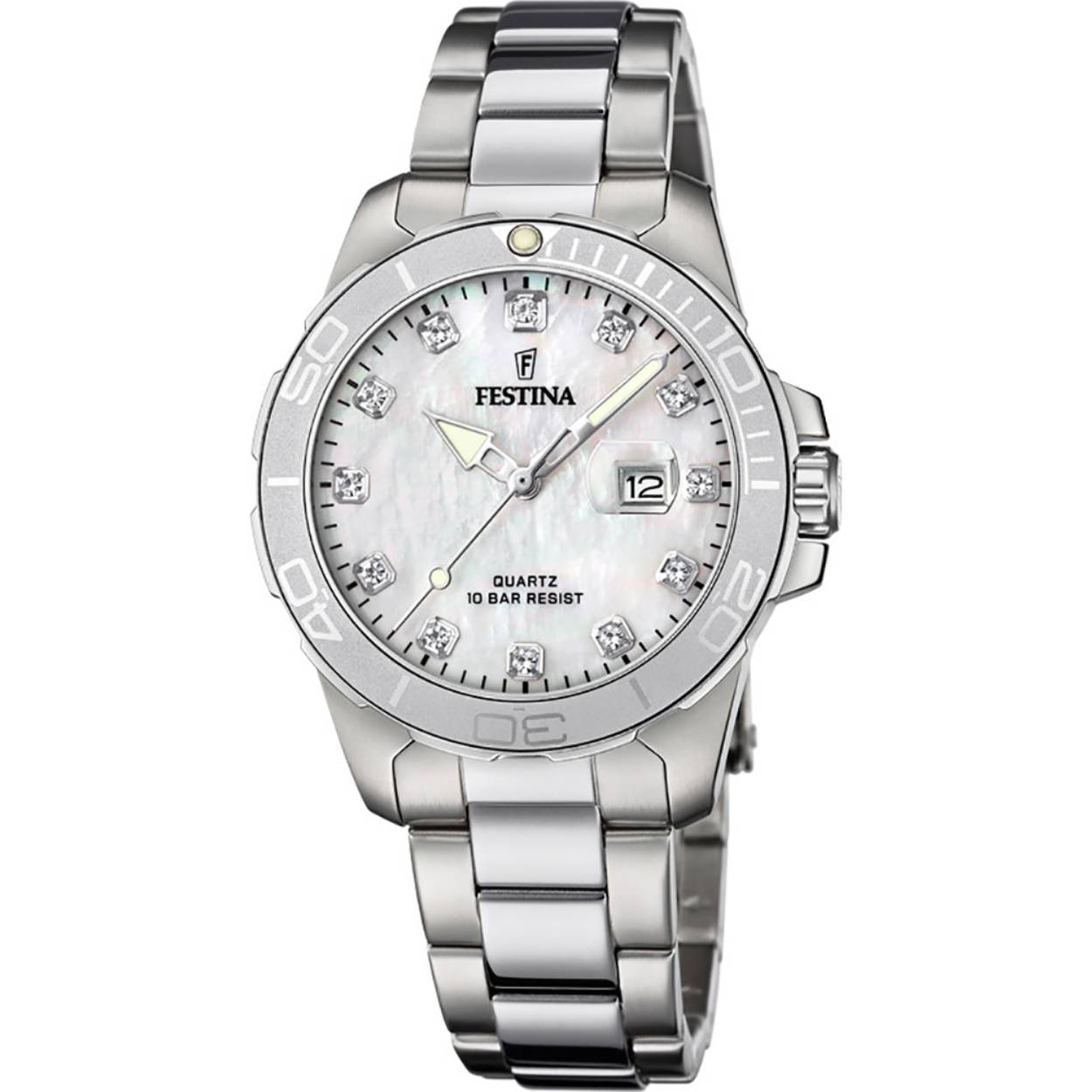 Festina damesuurwerk - Zilverkleurige metalen band en kast - Witte parelmoer wijzerplaat met datumaanduiding en zirkonium steentjes - Waterdichtheid: 10 ATM